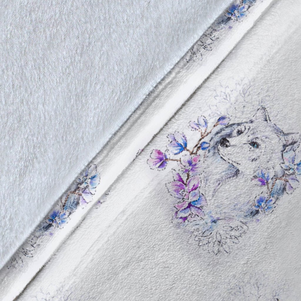 Wolf With Flower Print Design Fleece Blanket