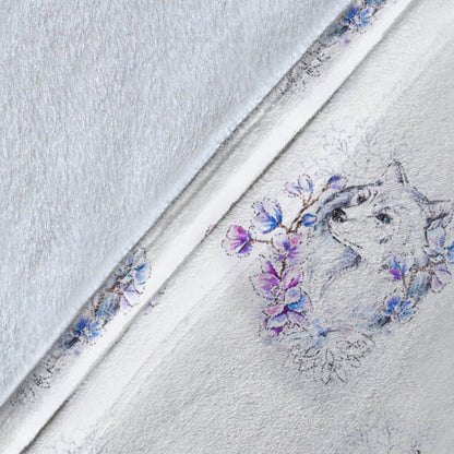 Wolf With Flower Print Design Fleece Blanket