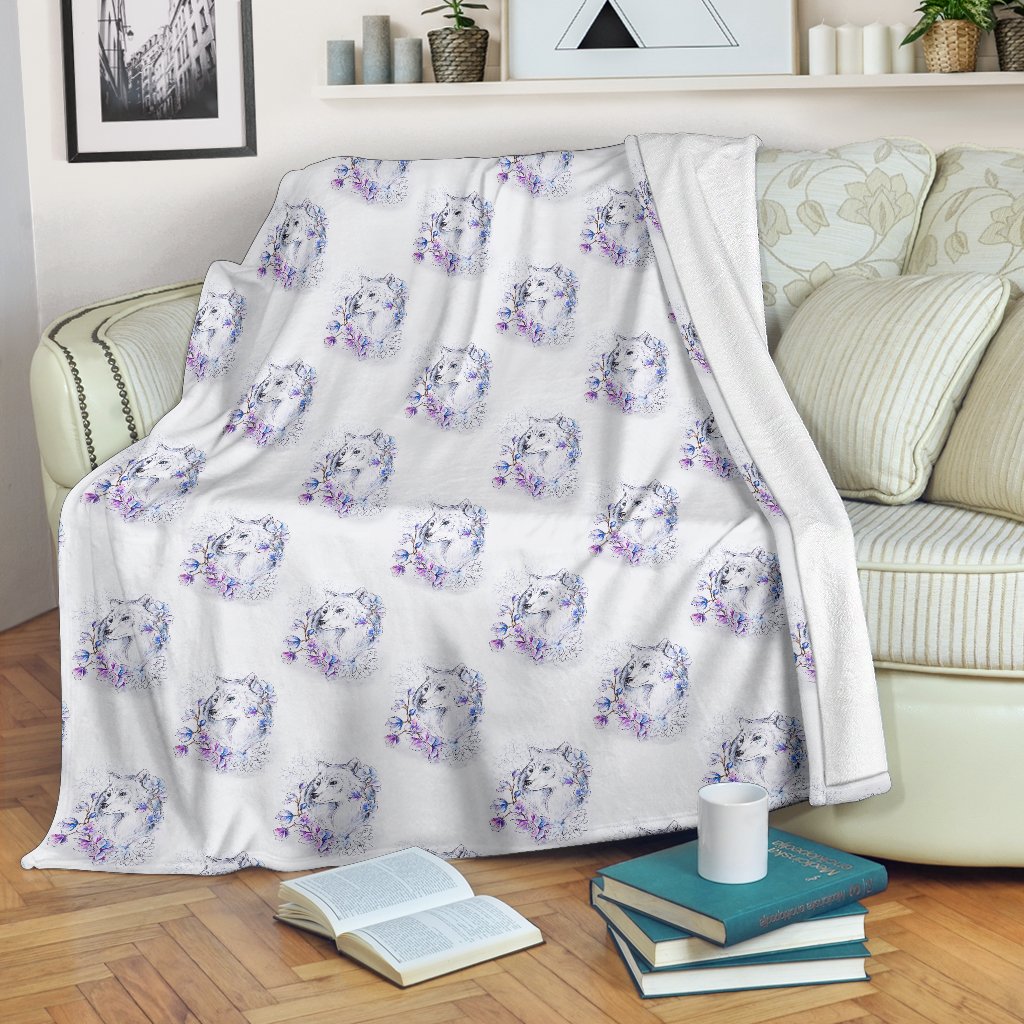 Wolf With Flower Print Design Fleece Blanket