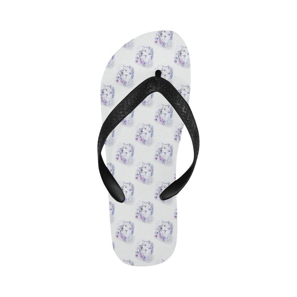 Wolf with Flower Print Design Flip Flops-JTAMIGO.COM