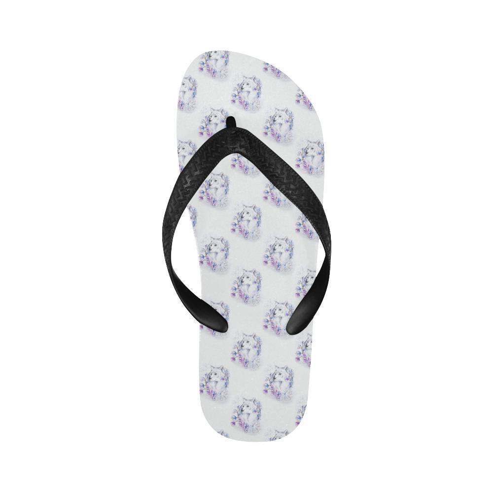 Wolf with Flower Print Design Flip Flops-JTAMIGO.COM