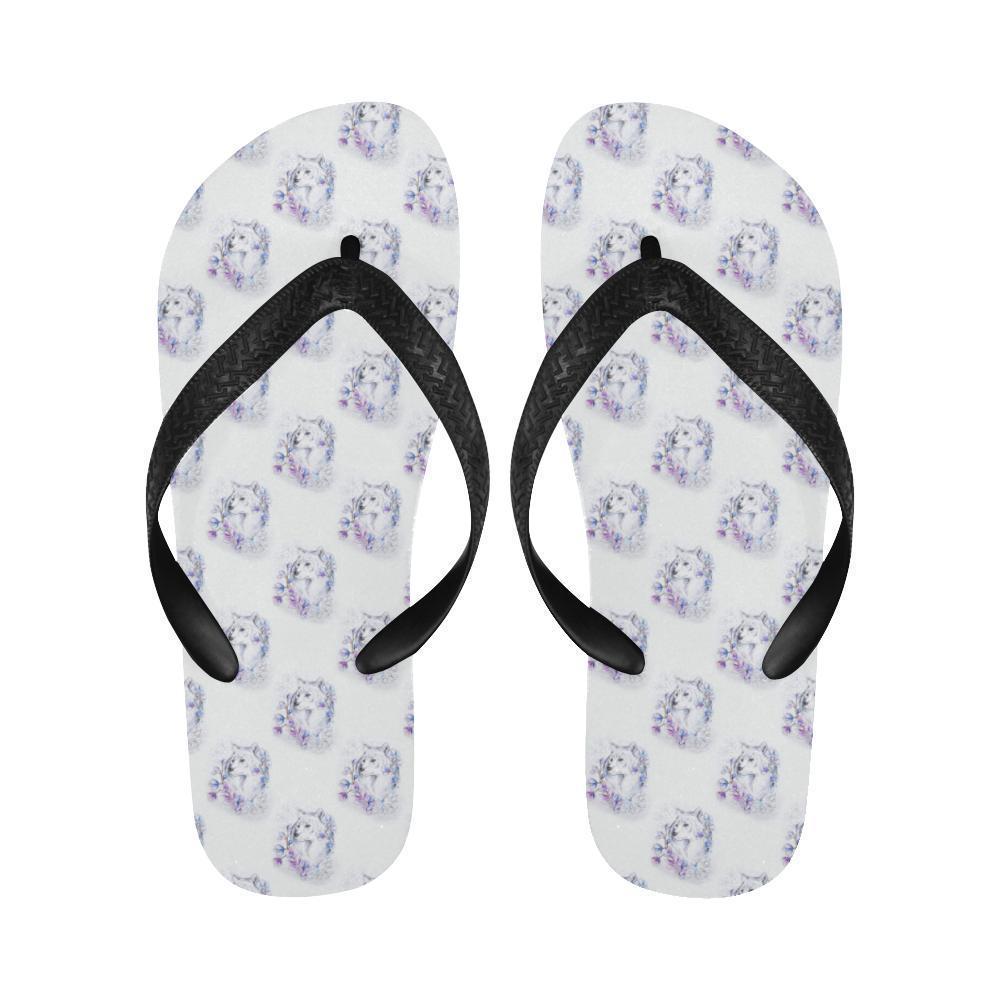 Wolf with Flower Print Design Flip Flops-JTAMIGO.COM