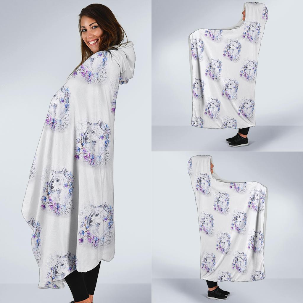 Wolf with Flower Print Design Hooded Blanket-JTAMIGO.COM