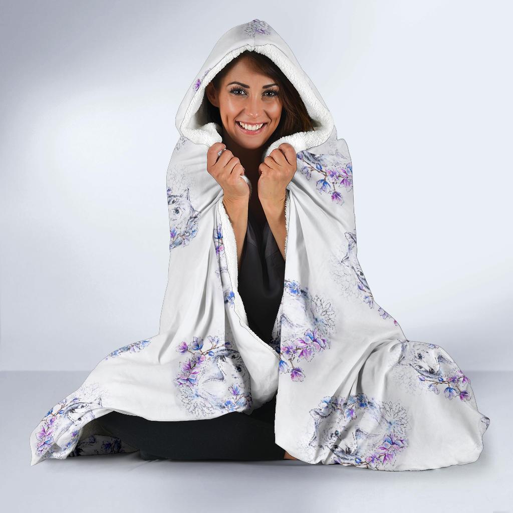 Wolf with Flower Print Design Hooded Blanket-JTAMIGO.COM