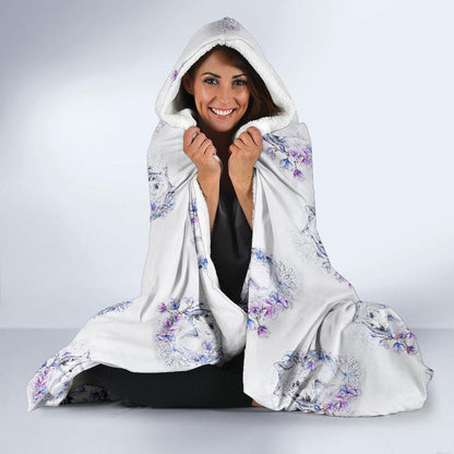 Wolf with Flower Print Design Hooded Blanket-JTAMIGO.COM
