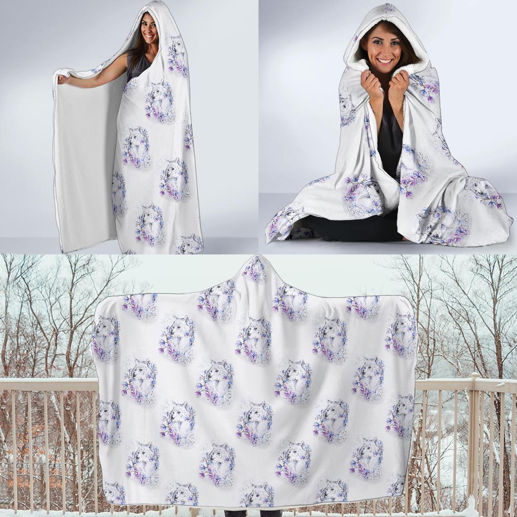 Wolf with Flower Print Design Hooded Blanket-JTAMIGO.COM