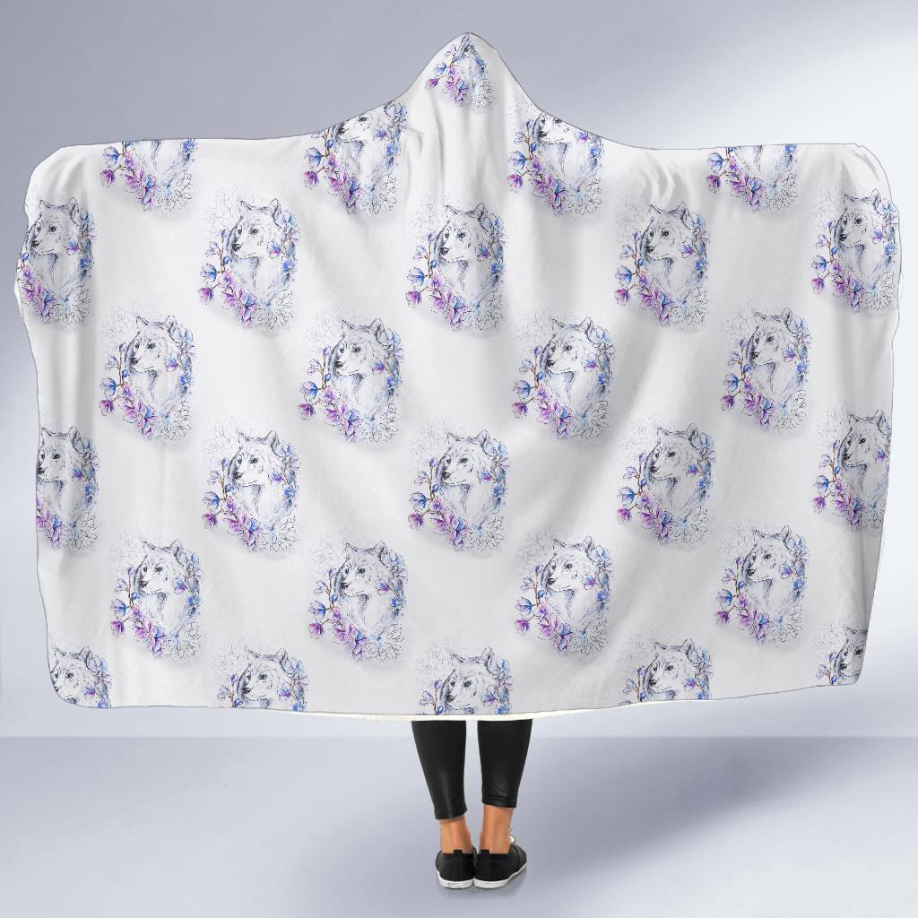 Wolf with Flower Print Design Hooded Blanket-JTAMIGO.COM