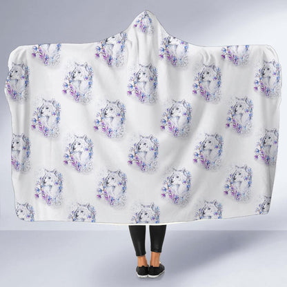 Wolf with Flower Print Design Hooded Blanket-JTAMIGO.COM