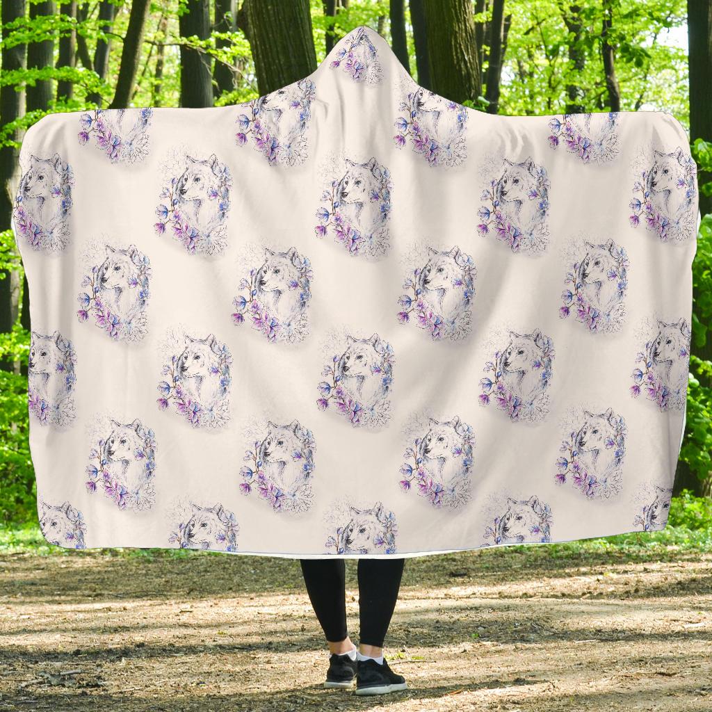 Wolf with Flower Print Design Hooded Blanket-JTAMIGO.COM
