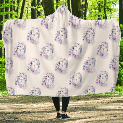 Wolf with Flower Print Design Hooded Blanket-JTAMIGO.COM