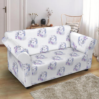 Wolf with Flower Print Design Loveseat Slipcover-JTAMIGO.COM