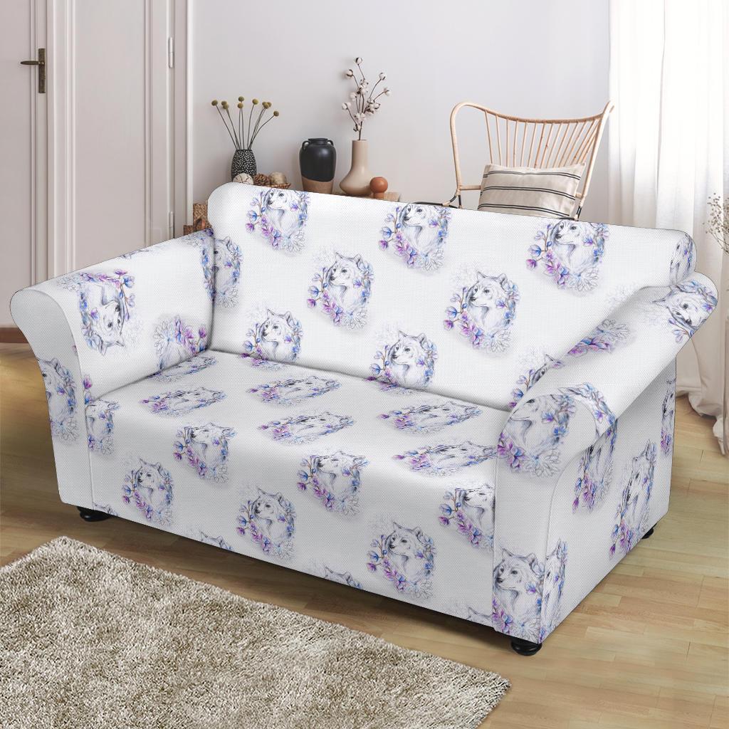 Wolf with Flower Print Design Loveseat Slipcover-JTAMIGO.COM