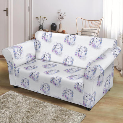 Wolf with Flower Print Design Loveseat Slipcover-JTAMIGO.COM