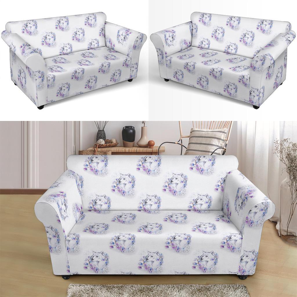 Wolf with Flower Print Design Loveseat Slipcover-JTAMIGO.COM
