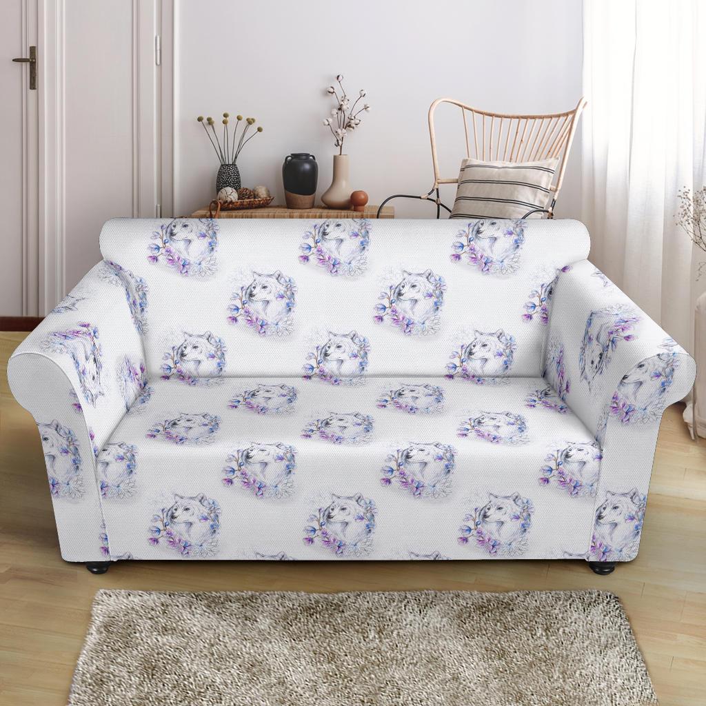 Wolf with Flower Print Design Loveseat Slipcover-JTAMIGO.COM