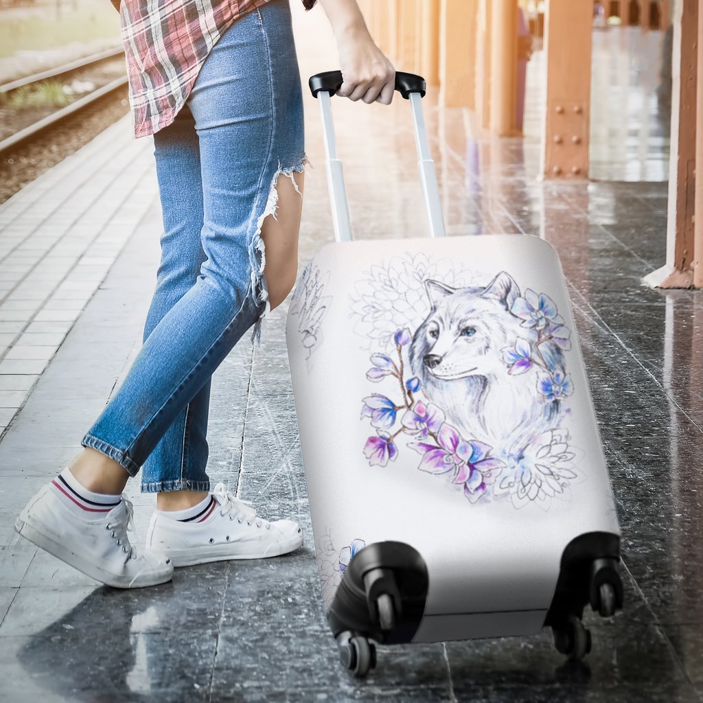 Wolf With Flower Print Design Luggage Cover Protector