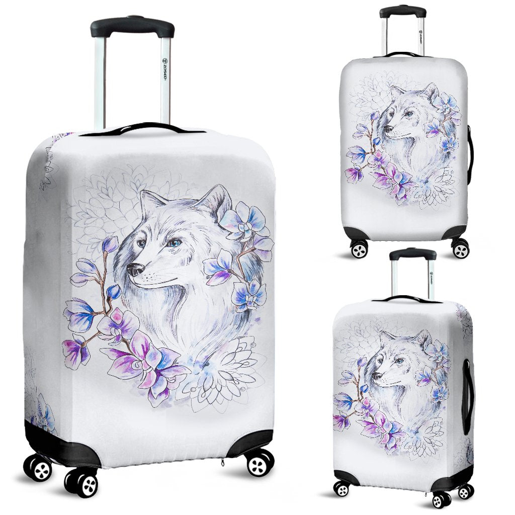Wolf With Flower Print Design Luggage Cover Protector