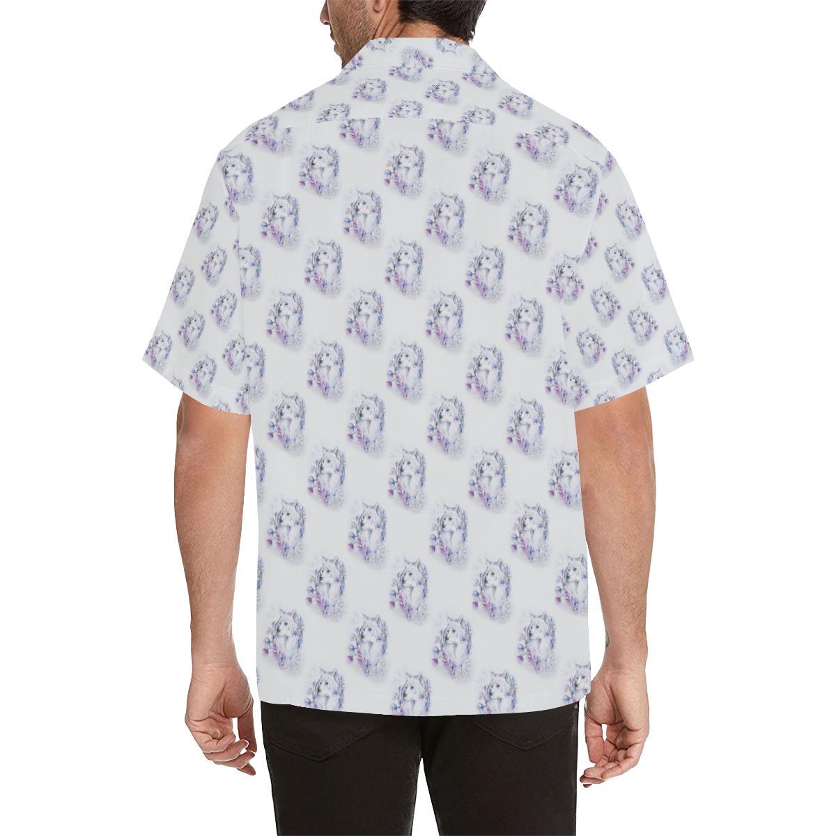 Wolf with Flower Print Design Men Aloha Hawaiian Shirt