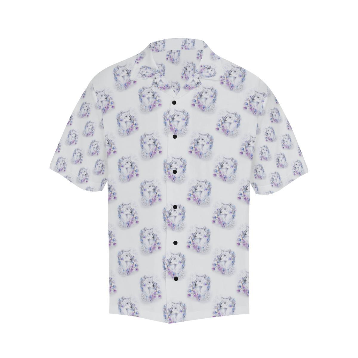 Wolf with Flower Print Design Men Aloha Hawaiian Shirt