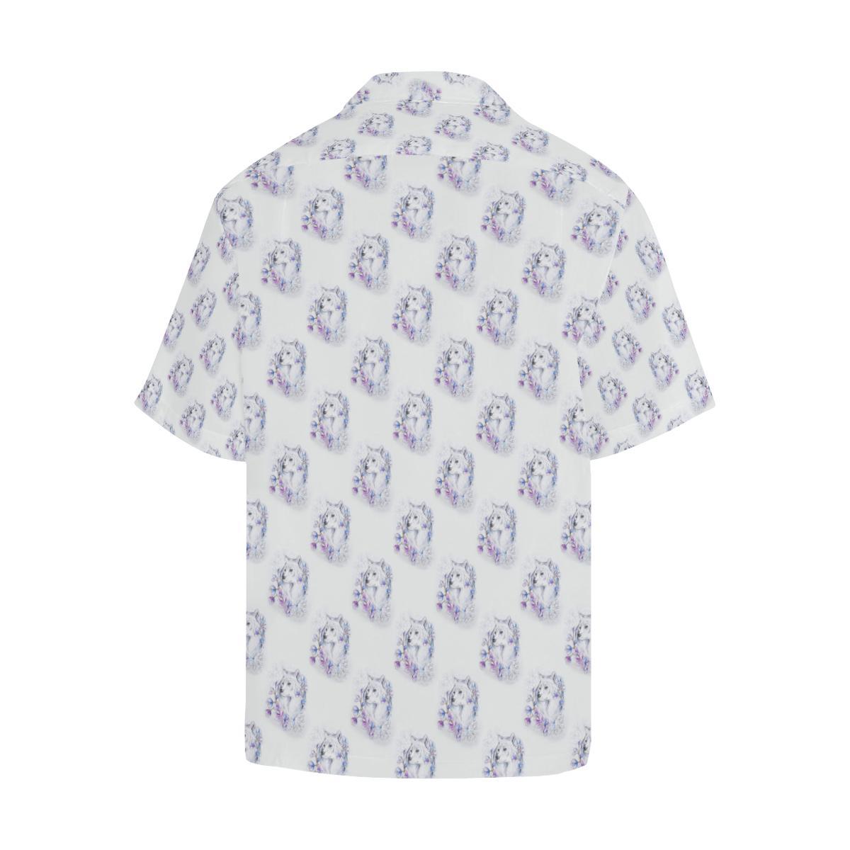 Wolf with Flower Print Design Men Aloha Hawaiian Shirt