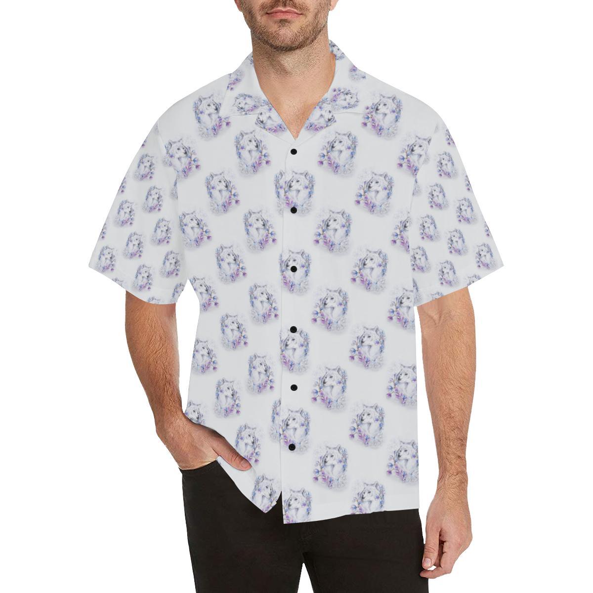 Wolf with Flower Print Design Men Aloha Hawaiian Shirt