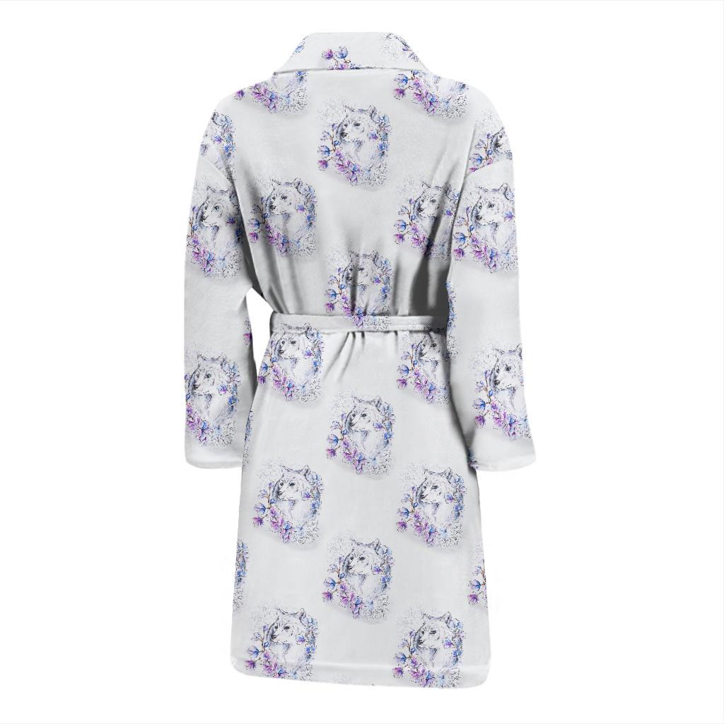 Wolf with Flower Print Design Men Bath Robe-JTAMIGO.COM