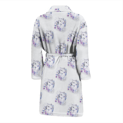 Wolf with Flower Print Design Men Bath Robe-JTAMIGO.COM