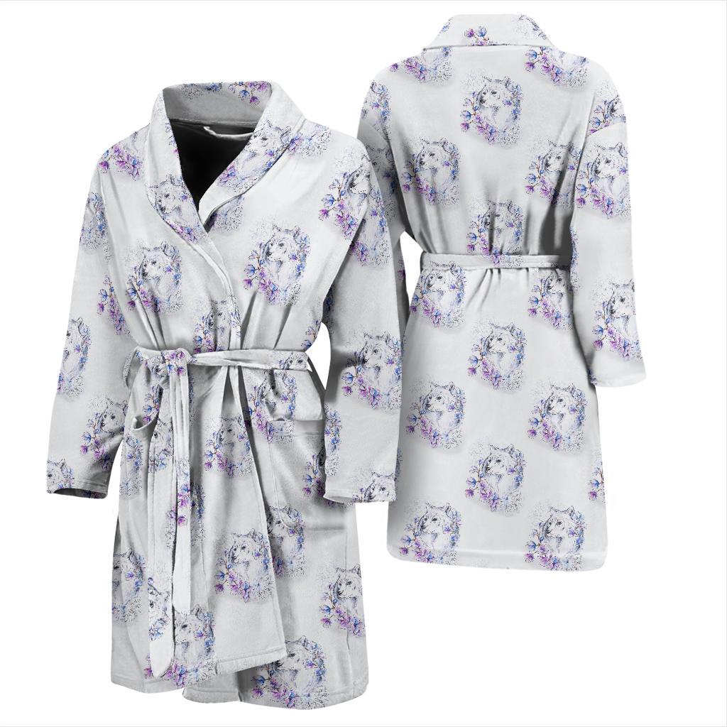 Wolf with Flower Print Design Men Bath Robe-JTAMIGO.COM