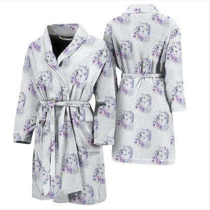 Wolf with Flower Print Design Men Bath Robe-JTAMIGO.COM