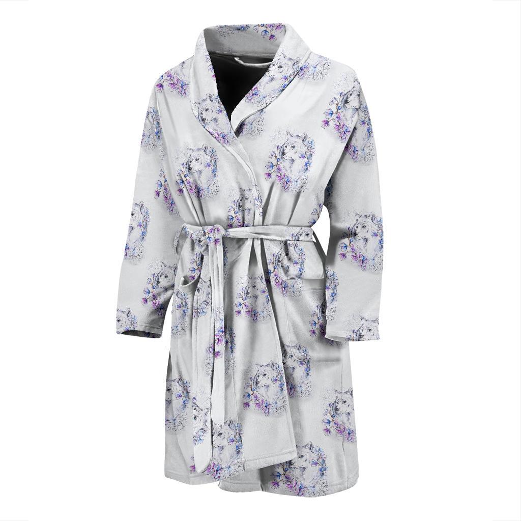 Wolf with Flower Print Design Men Bath Robe-JTAMIGO.COM