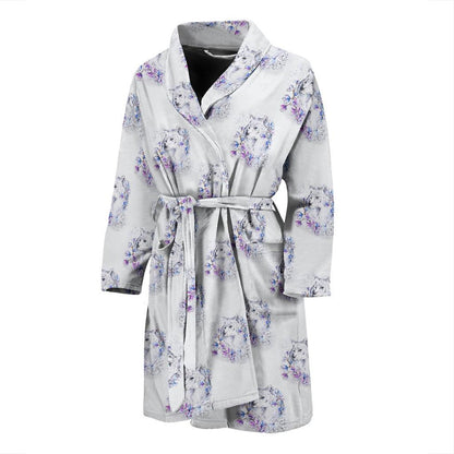Wolf with Flower Print Design Men Bath Robe-JTAMIGO.COM
