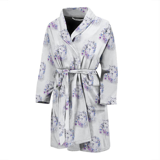 Wolf with Flower Print Design Men Bath Robe-JTAMIGO.COM