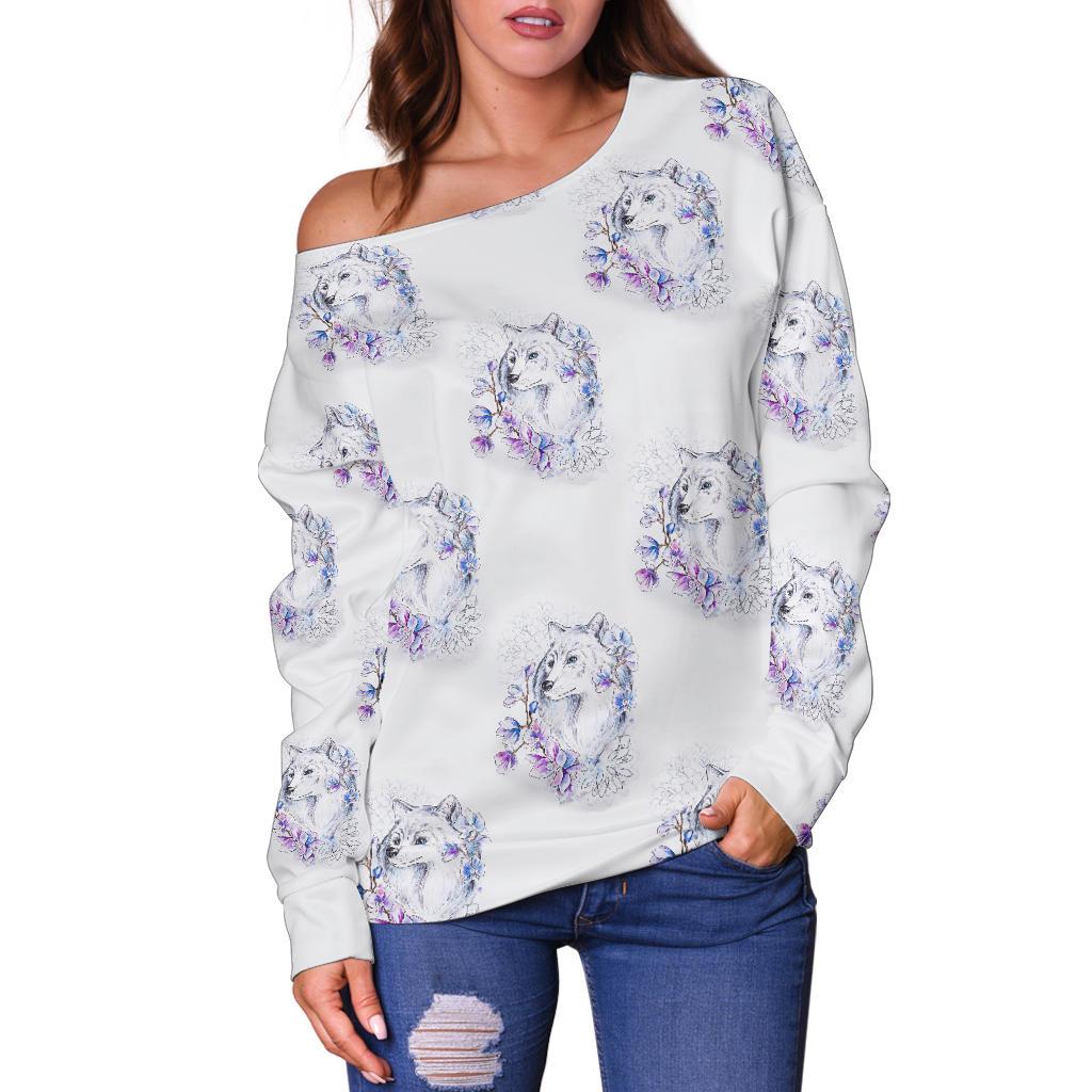 Wolf With Flower Print Design Off Shoulder Sweatshirt
