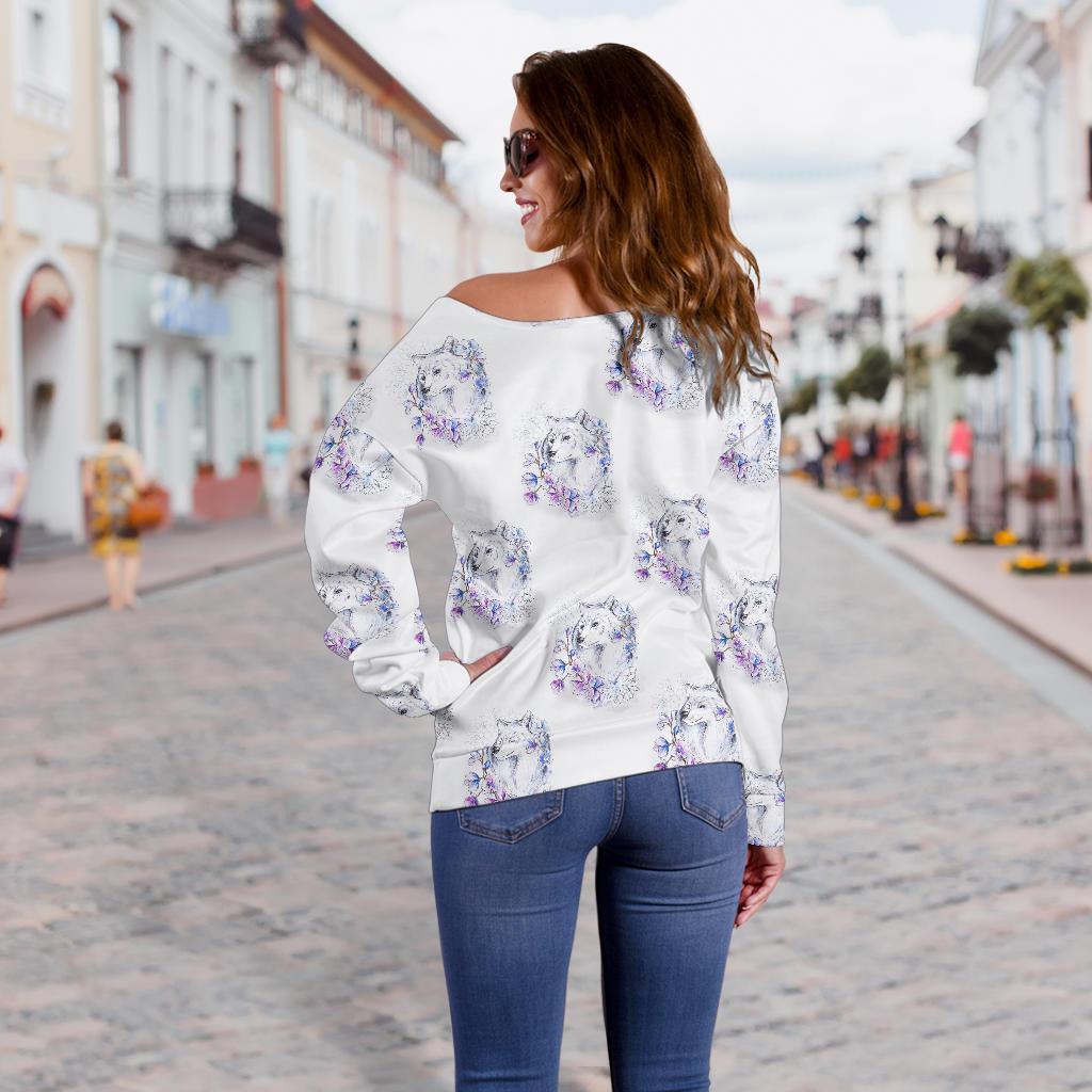 Wolf With Flower Print Design Off Shoulder Sweatshirt