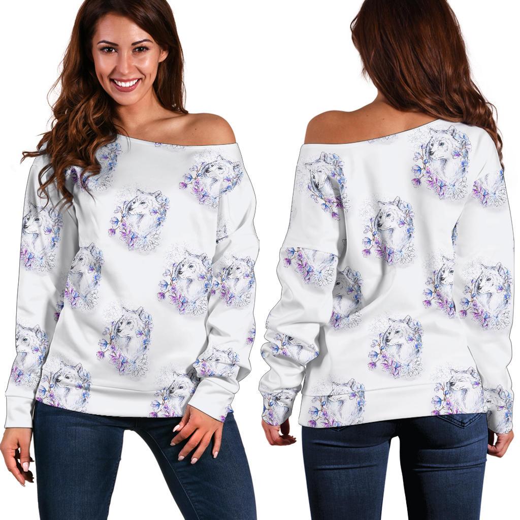 Wolf With Flower Print Design Off Shoulder Sweatshirt