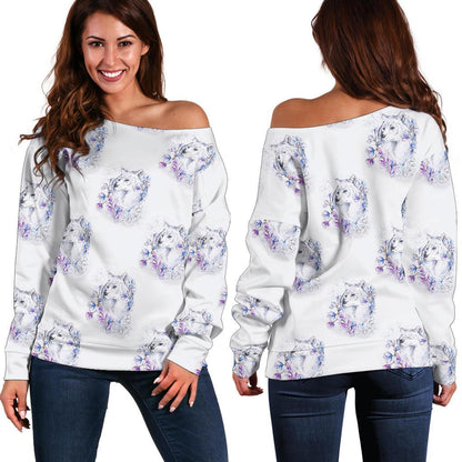 Wolf With Flower Print Design Off Shoulder Sweatshirt