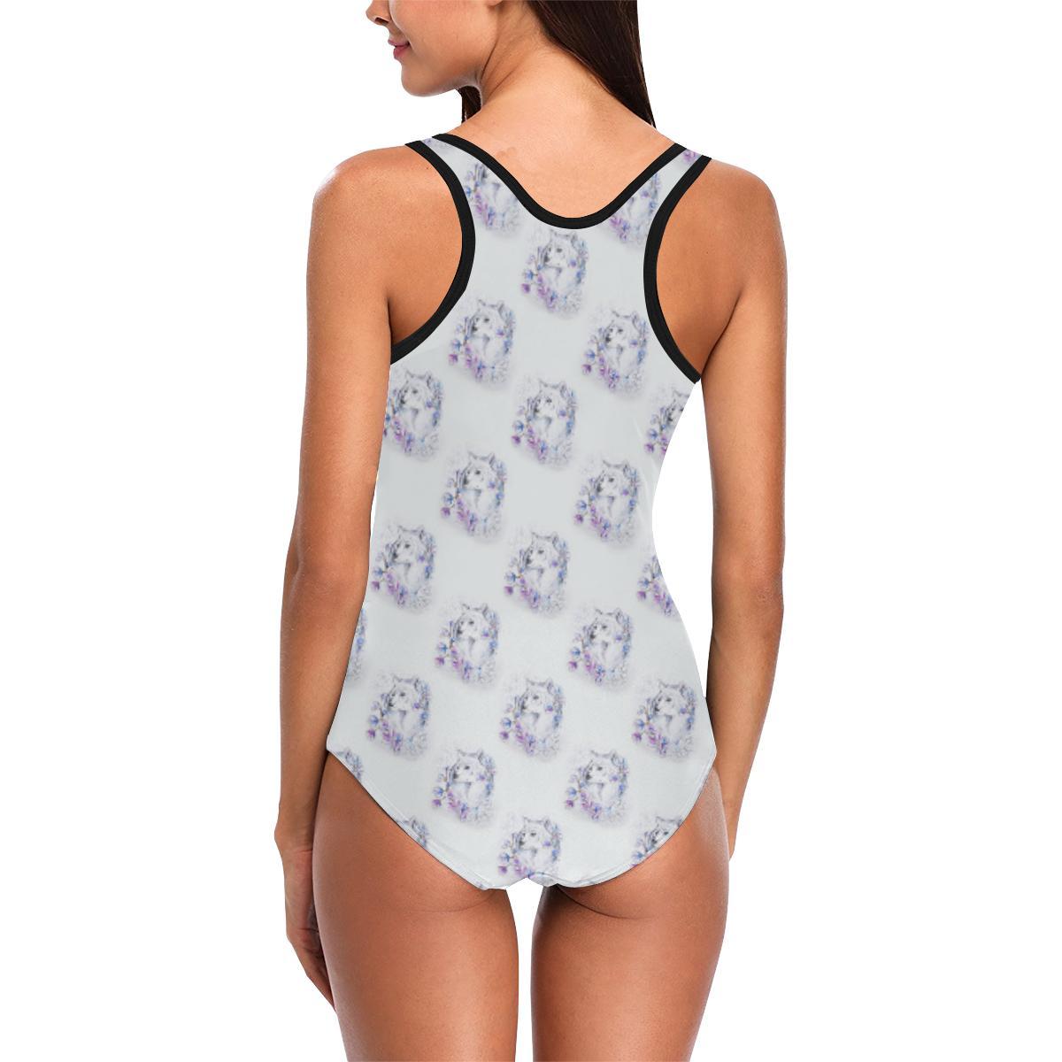 Wolf with Flower Print Design One Piece Swimsuit-JTAMIGO.COM