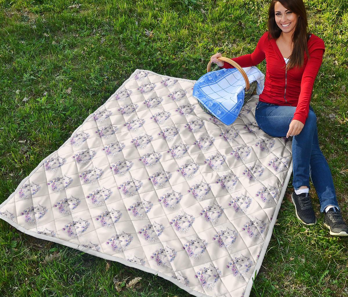 Wolf with Flower Print Design Premium Quilt-JTAMIGO.COM
