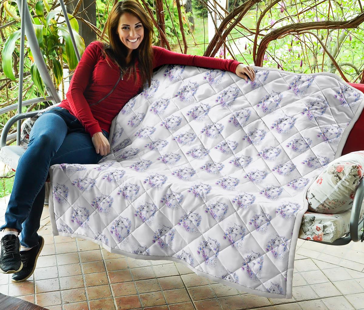 Wolf with Flower Print Design Premium Quilt-JTAMIGO.COM