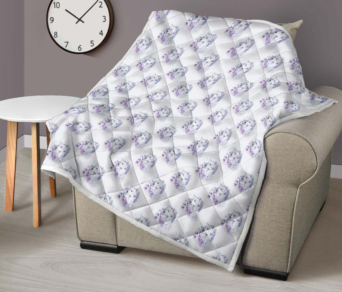 Wolf with Flower Print Design Premium Quilt-JTAMIGO.COM