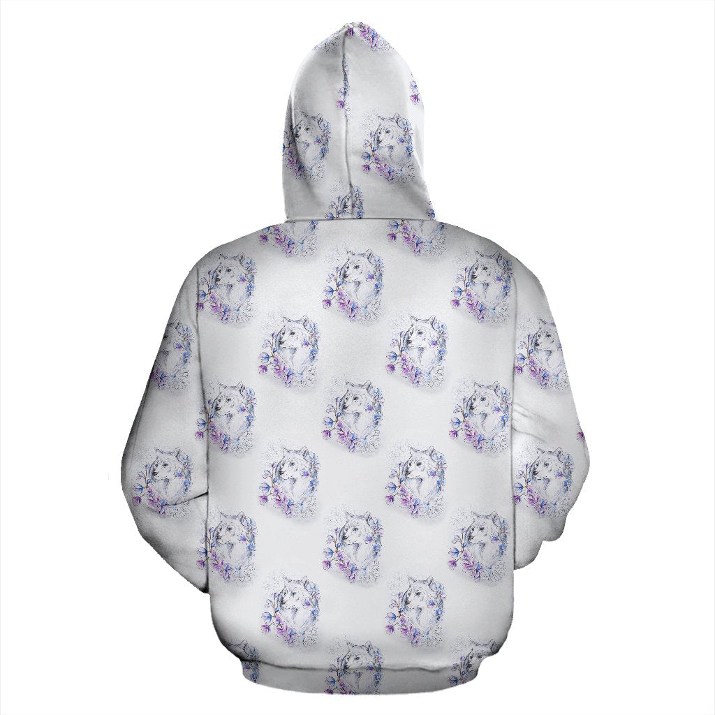 Wolf with Flower Print Design Pullover Hoodie