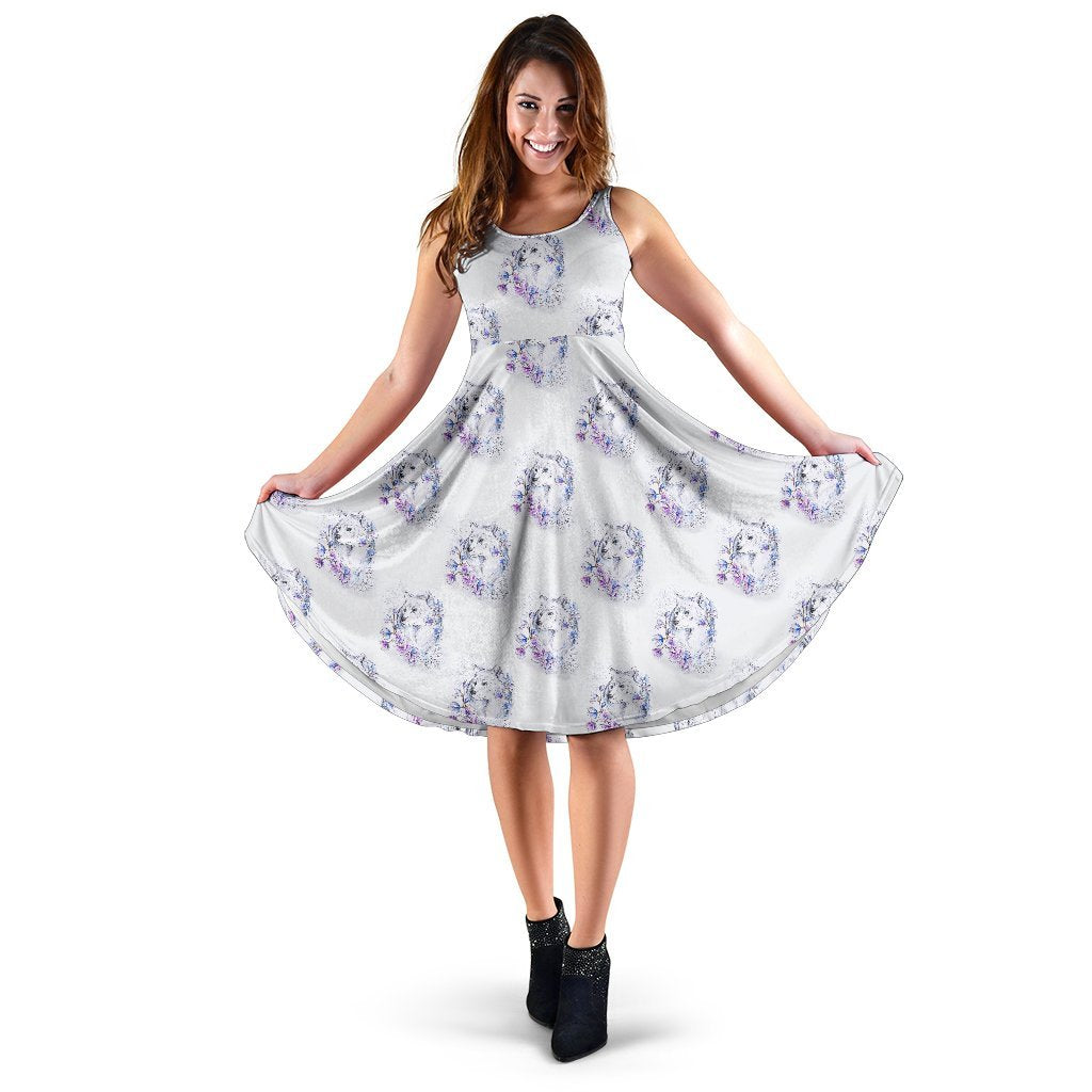 Wolf with Flower Print Design Sleeveless Dress