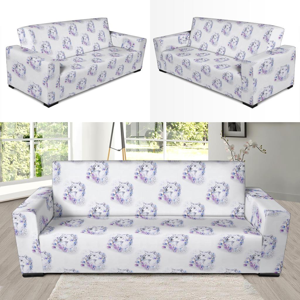 Wolf with Flower Print Design Sofa Slipcover-JTAMIGO.COM