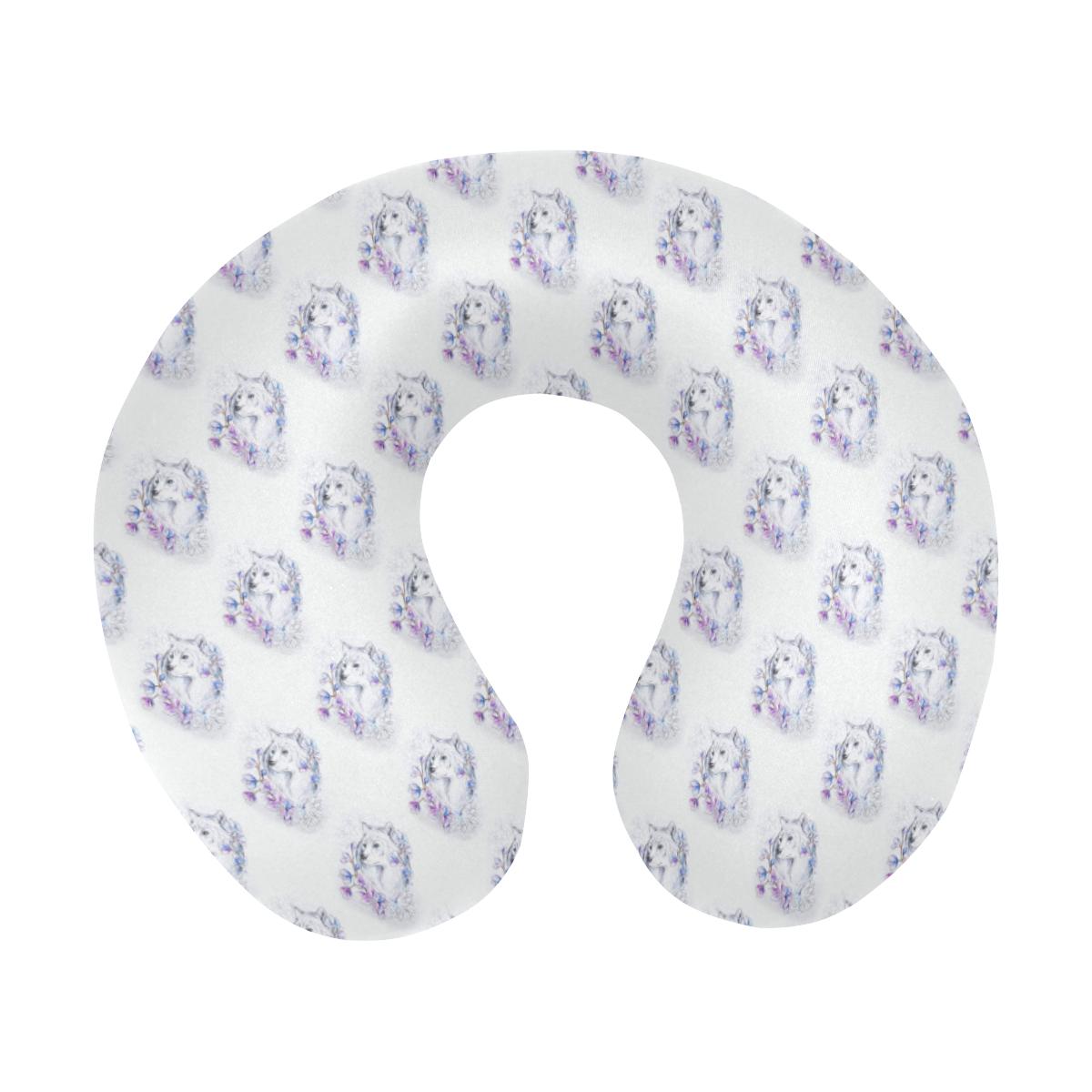 Wolf with Flower Print Design U-Shaped Travel Neck Pillow-JTAMIGO.COM
