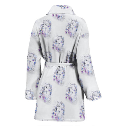 Wolf with Flower Print Design Women Bath Robe-JTAMIGO.COM