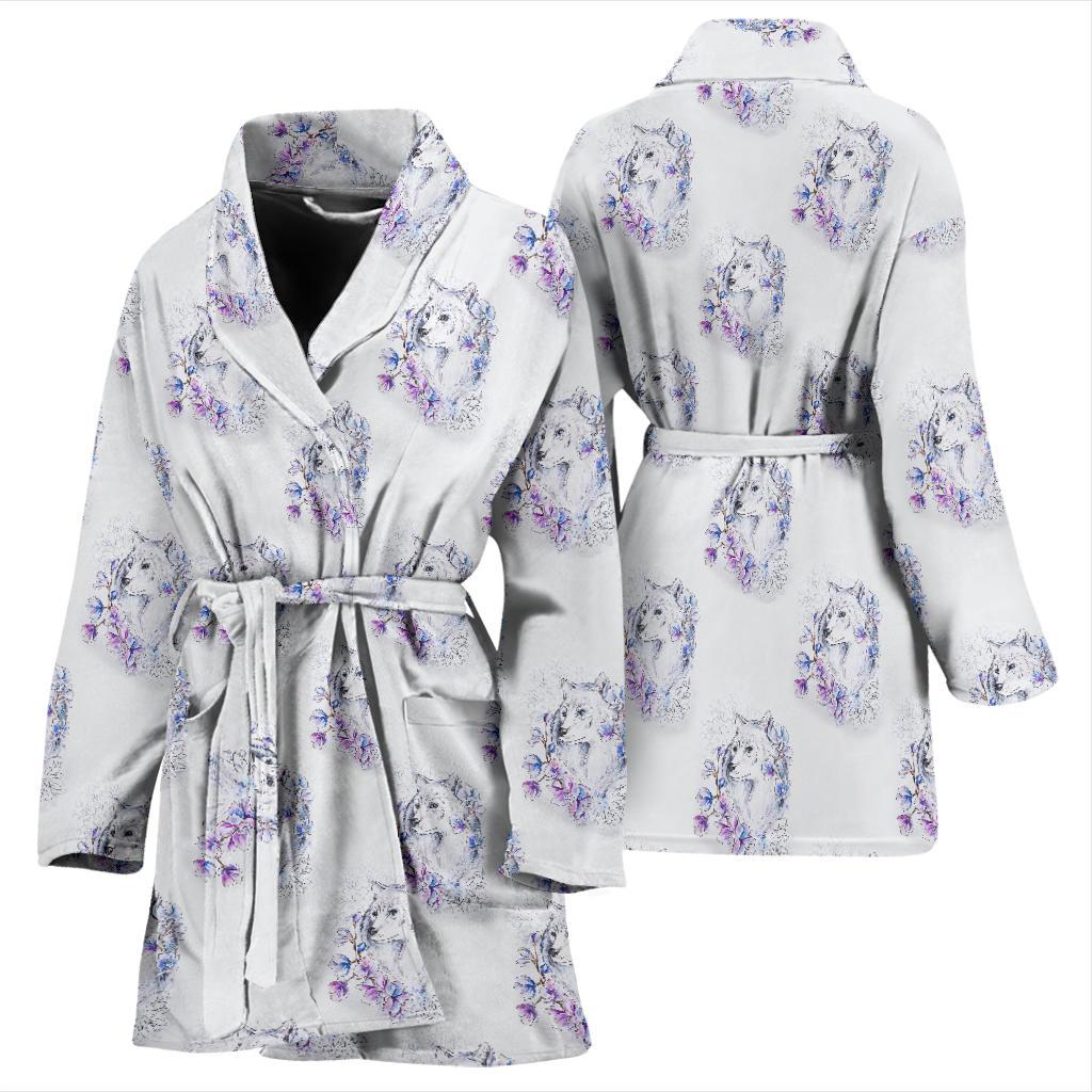 Wolf with Flower Print Design Women Bath Robe-JTAMIGO.COM