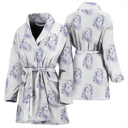 Wolf with Flower Print Design Women Bath Robe-JTAMIGO.COM