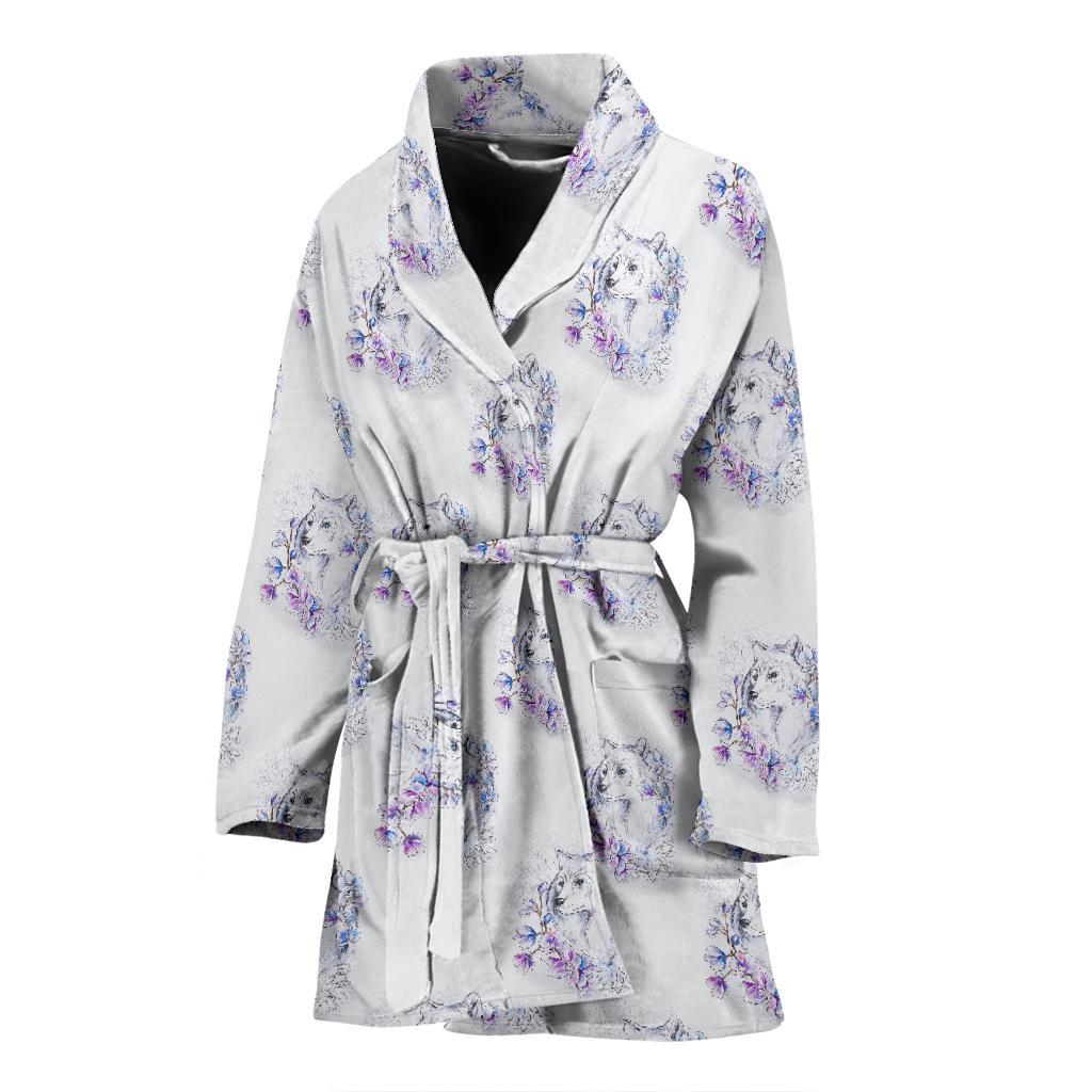 Wolf with Flower Print Design Women Bath Robe-JTAMIGO.COM