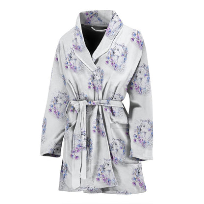 Wolf with Flower Print Design Women Bath Robe-JTAMIGO.COM