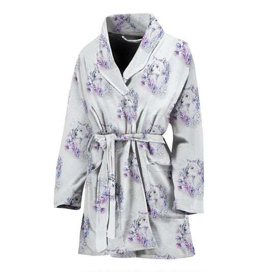 Wolf with Flower Print Design Women Bath Robe-JTAMIGO.COM